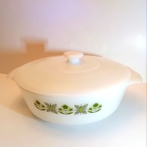 Vintage Meadow Green white casserole with lid, Anchor Hocking #437